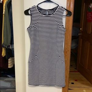 Tight fitting, comfy navy and white striped dress